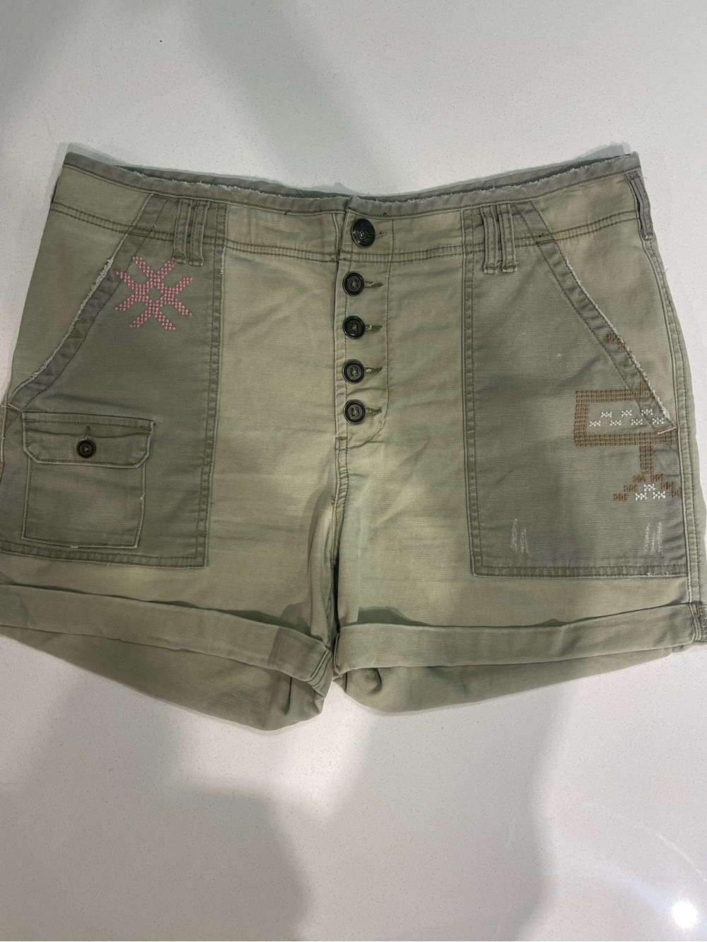 Pilcro Olive Green Wanderer Embroidered Shorts